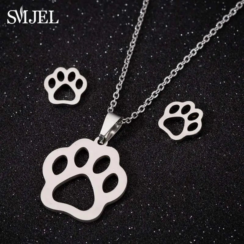 Stainless Steel Paw Necklace & Earring Set