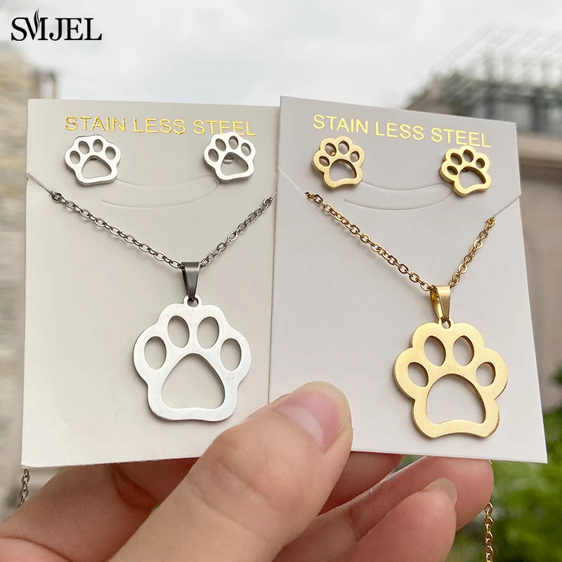 Stainless Steel Paw Necklace & Earring Set