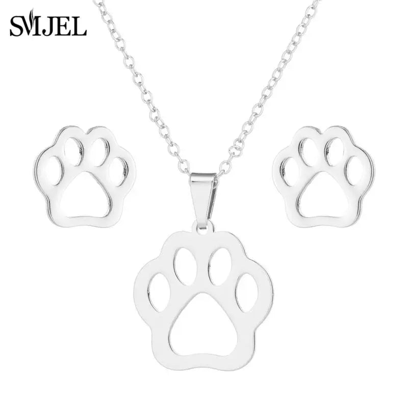 Stainless Steel Paw Necklace & Earring Set