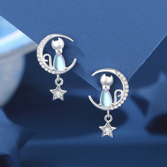 Moonlit Whiskers: Sterling Silver Moon & Stars Cat Stud Earrings