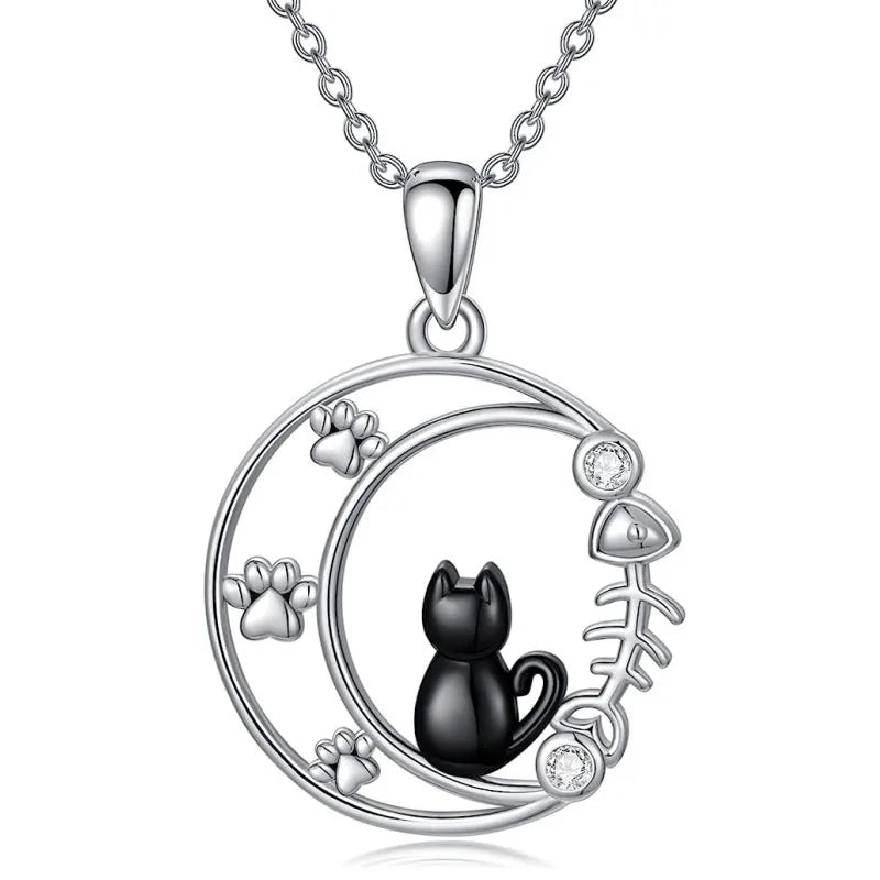 Black Cat Crystal Moon Pendant Necklace