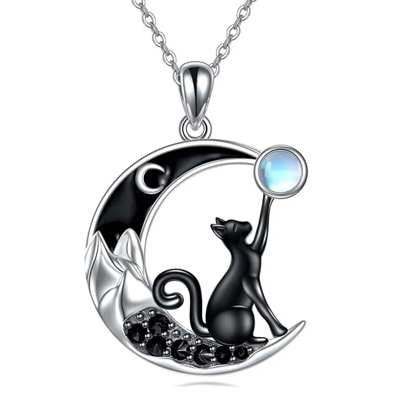 Black Cat Crystal Moon Pendant Necklace