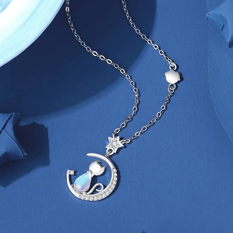 Moonlit Whiskers: Sterling Silver Cat & Crescent Necklace