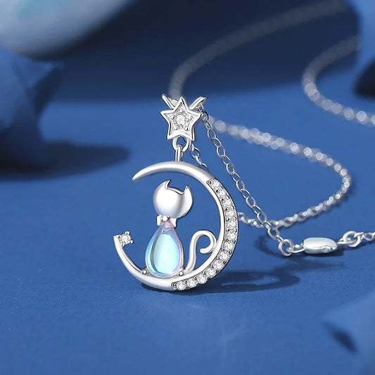 Moonlit Whiskers: Sterling Silver Cat & Crescent Necklace