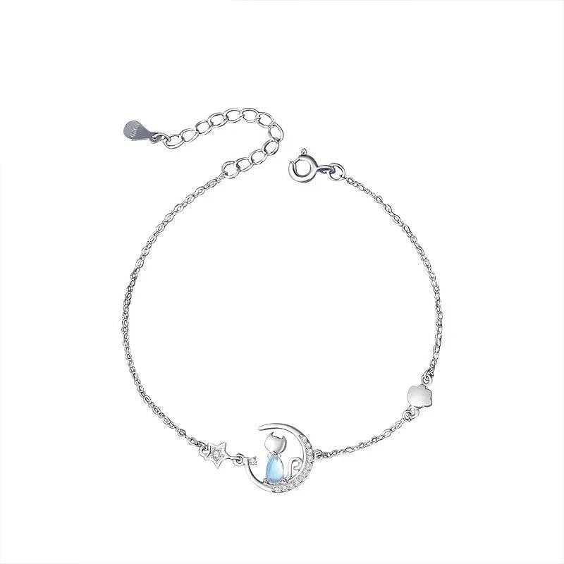 Moonlit Whiskers: Sterling Silver Cat & Crescent Bracelet