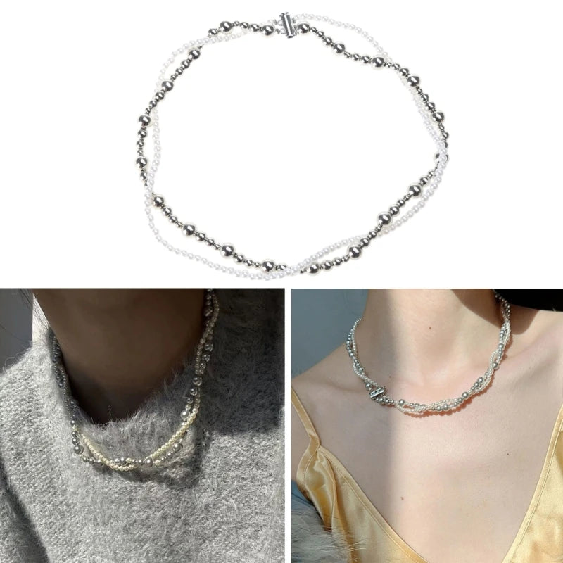 Multi-Layer Imitation Pearl Choker Chain Necklace Elegant Beaded Collar Chain