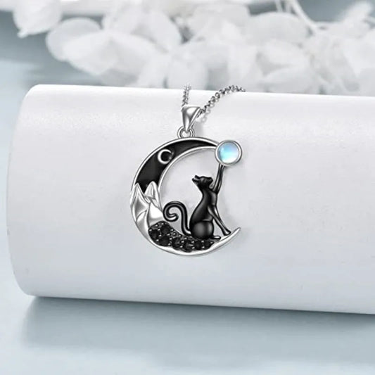 Black Cat Crystal Moon Pendant Necklace