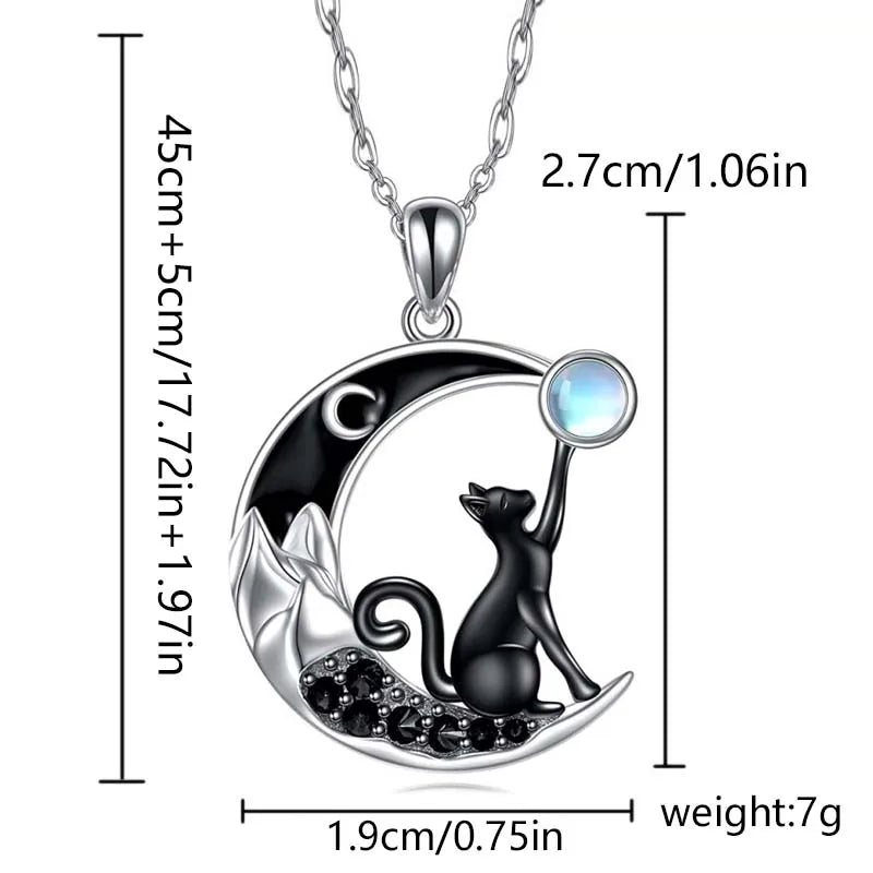 Black Cat Crystal Moon Pendant Necklace