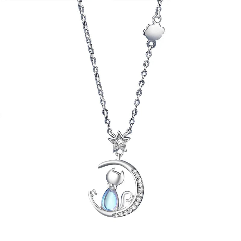 Moonlit Whiskers: Sterling Silver Cat & Crescent Necklace