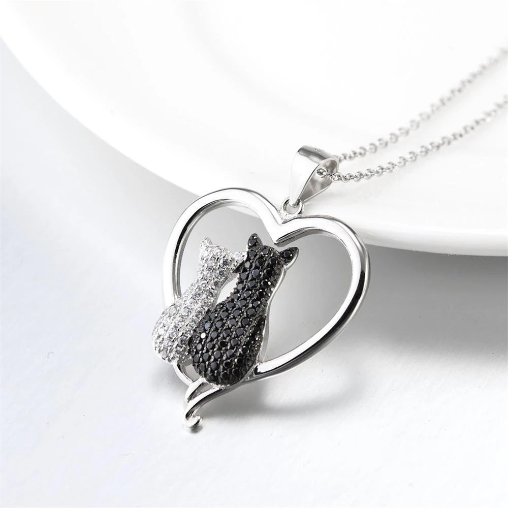 Heart Shaped Cat Couple Pendant Necklace