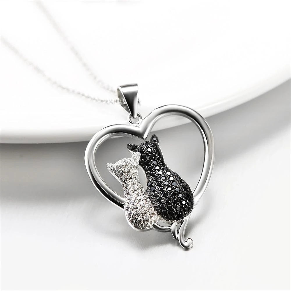 Heart Shaped Cat Couple Pendant Necklace